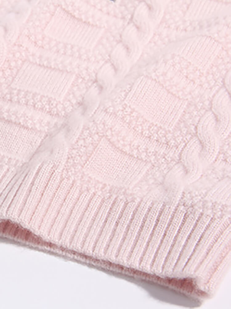 Pink Rose Embroidered Girls Cozy Cable Knit Cashmere Sweater